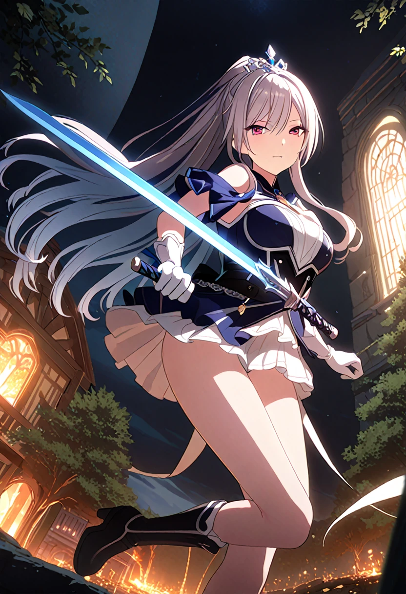 Highest quality、Very detailed、High resolution illustrations、Ultra-high-definition CG、8k size wallpaper、Production art、Light Novel Illustration、Sakuya Shirase、Midnight blue long ponytail、Platinum tiara with blue gemstones、Red eyes、(Tree Eyes), Cool and sharp features, Female magical warrior、white&gold breastplate、Blue and white leotard、(((With side armor and long slits、ブルーとwhiteゴールドで装飾されたペンシルスカート)))、Half puff sleeves with shoulder pads、A large white ribbon with a large sapphire on the chest、White and blue long gloves、White and blue thigh-high stiletto boots、whole body、She has a sword with a glowing blue blade.