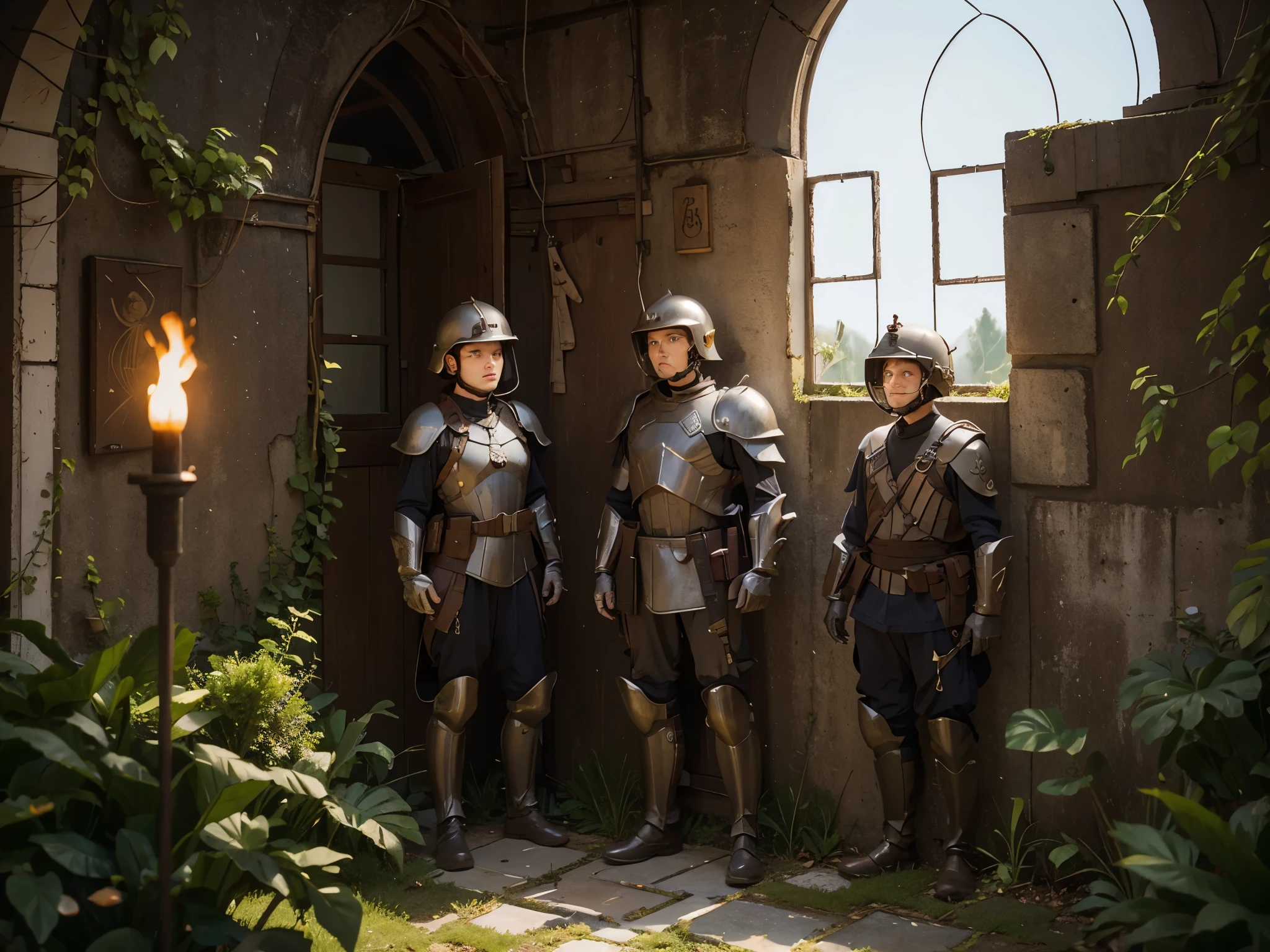 Mainly adopt,There are soldiers in armor,Standing by the wall with windows, torch
