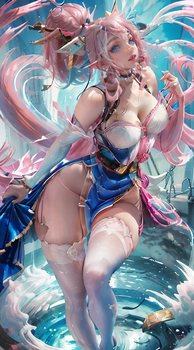 handsome WOMAN，blue-eyes，blue pupils，Long pink hair，Hyperresolution，accuracy，Detailed rendering，（Subtle facial image）（Image of fine hair）（topquality）（Masterpieces of masters）（High degree of completeness）（A sense of atmosphere）tmasterpiece，Super detailed and super detailed（half-body portrait), long wavy pink hair, (((tHICK WAVY HAIR)))(((ANKLE LENGTH HAIR)))(((Blushing)))(((Huge breasts)))(((LARGER BREASTS))) large breasts, bigger breasts (((Bigger breasts))) (((Blushing))) (((Sakimichan))) (((Pink hair))) (((festival dress)))(((Focused))) (((Hair in a long ponytail))) (((Ponytail))) (((elf ears))) (((Smiling)))