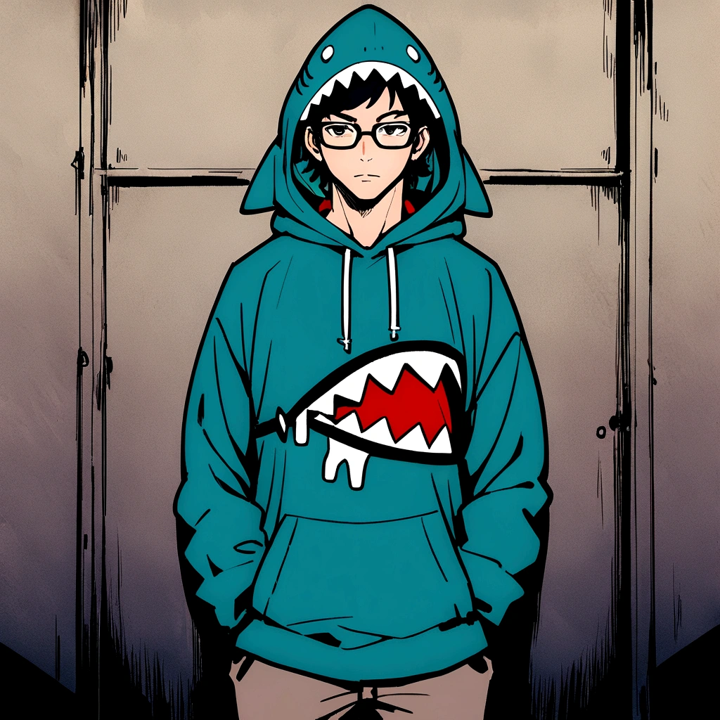 A man with glasses, short hair, wearing a shark hoodie, a hood covering his head.