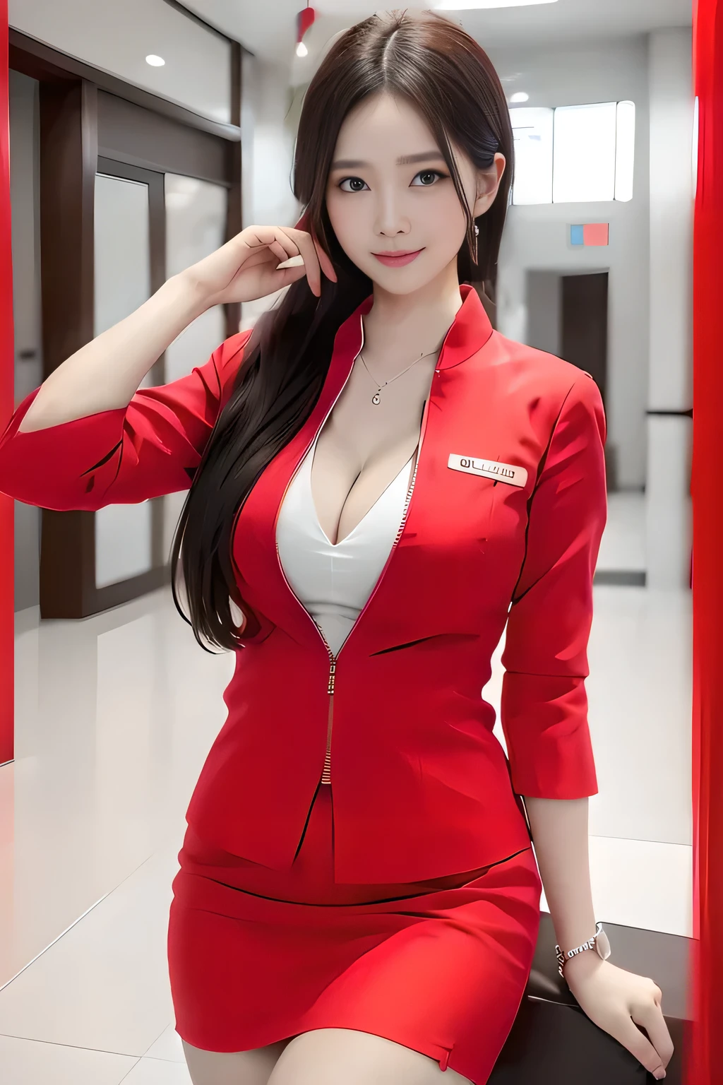 AirAsia's red uniform、Luxury earrings、ロングヘアのponytail、Tie your hair behind your head、Red rubber band to hold hair in place、ponytail、Captivating look、22 year old Asian female