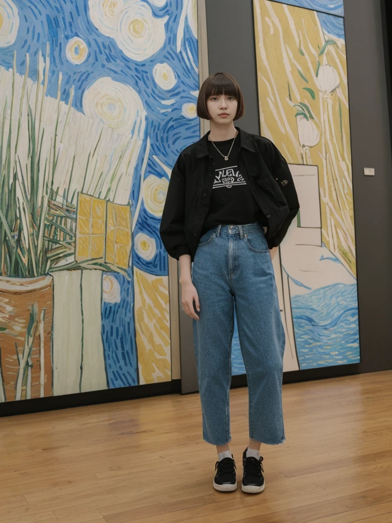 her name is Asako, high quality, 1girl, ((20-year-old fit Caucasian woman)), ((20 years old)), ((slim)), ((Edgy Bowl Cut hair)), pose: standing, wearing edgy Generation-Z modern wear bright colored, BACKGROUND:Inside the Van Gogh Museum, surrounded by the artist’s masterpieces