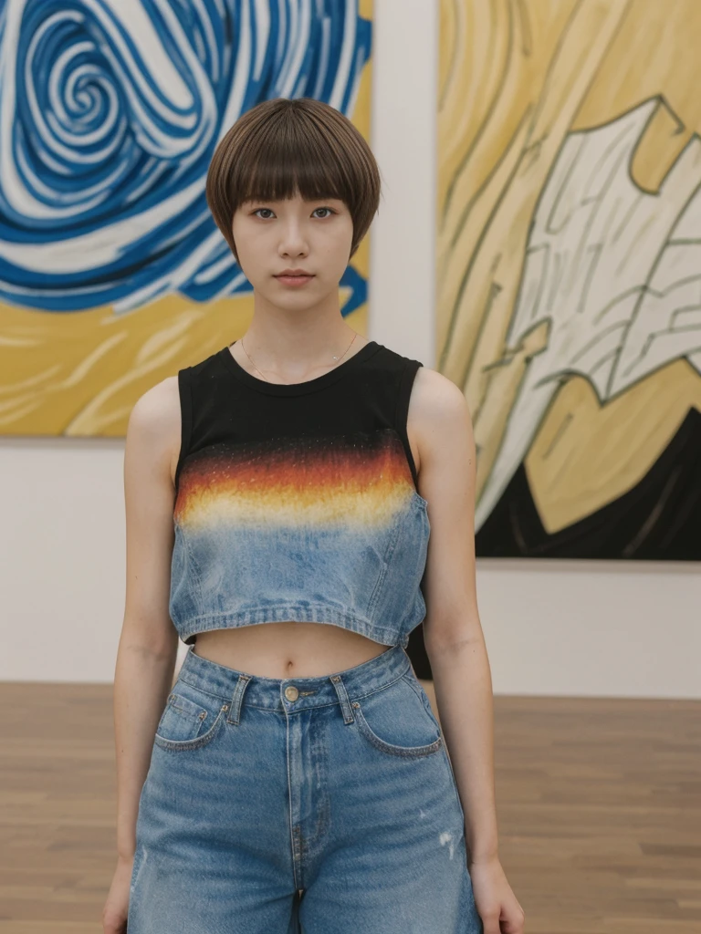 her name is Asako, high quality, 1girl, ((20-year-old fit Caucasian woman)), ((20 years old)), ((slim)), ((Edgy Bowl Cut hair)), pose: standing, wearing edgy Generation-Z modern wear bright colored, BACKGROUND:Inside the Van Gogh Museum, surrounded by the artist’s masterpieces