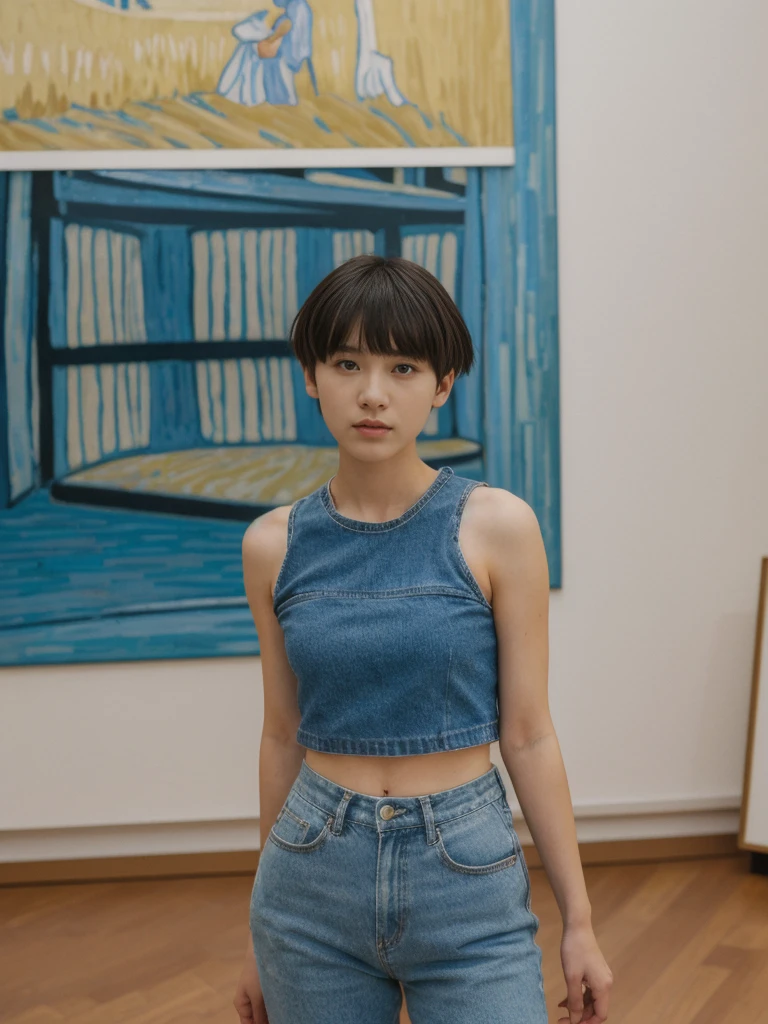 her name is Asako, high quality, 1girl, ((20-year-old fit Caucasian woman)), ((20 years old)), ((slim)), ((Edgy Bowl Cut hair)), pose: standing, wearing edgy Generation-Z modern wear bright colored, BACKGROUND:Inside the Van Gogh Museum, surrounded by the artist’s masterpieces