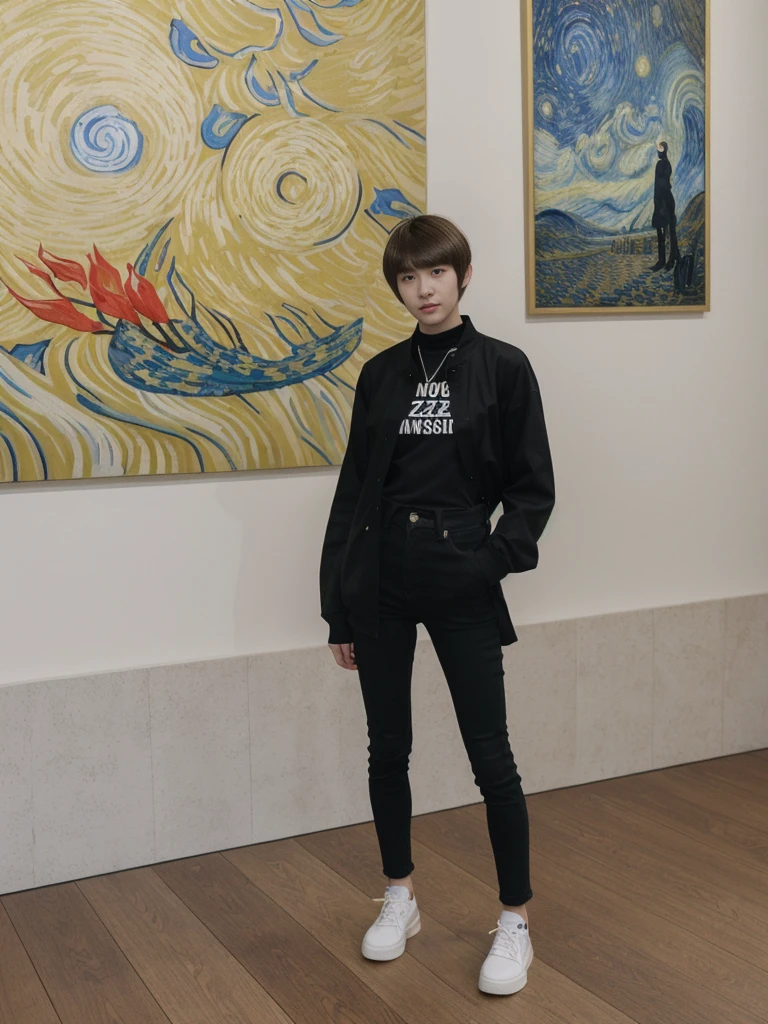 her name is Asako, high quality, 1girl, ((20-year-old fit Caucasian woman)), ((20 years old)), ((slim)), ((Edgy Bowl Cut hair)), pose: standing, wearing edgy Generation-Z modern wear bright colored, BACKGROUND:Inside the Van Gogh Museum, surrounded by the artist’s masterpieces