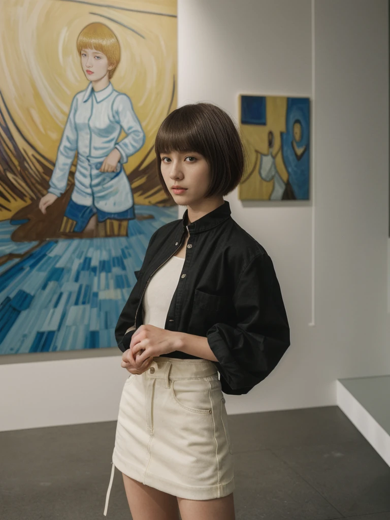 her name is Asako, high quality, 1girl, ((20-year-old fit Caucasian woman)), ((20 years old)), ((slim)), ((Edgy Bowl Cut hair)), pose: standing, wearing edgy Generation-Z modern wear bright colored, BACKGROUND:Inside the Van Gogh Museum, surrounded by the artist’s masterpieces