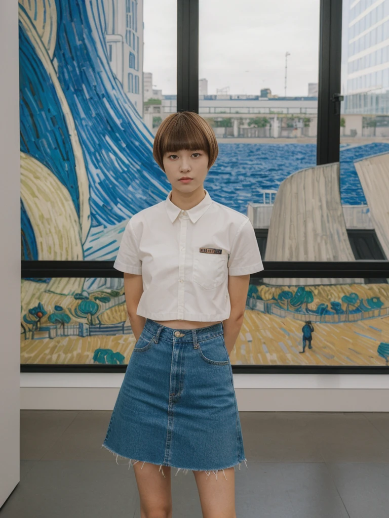 her name is Asako, high quality, 1girl, ((20-year-old fit Caucasian woman)), ((20 years old)), ((slim)), ((Edgy Bowl Cut hair)), pose: standing, wearing edgy Generation-Z modern wear bright colored, BACKGROUND:Inside the Van Gogh Museum, surrounded by the artist’s masterpieces