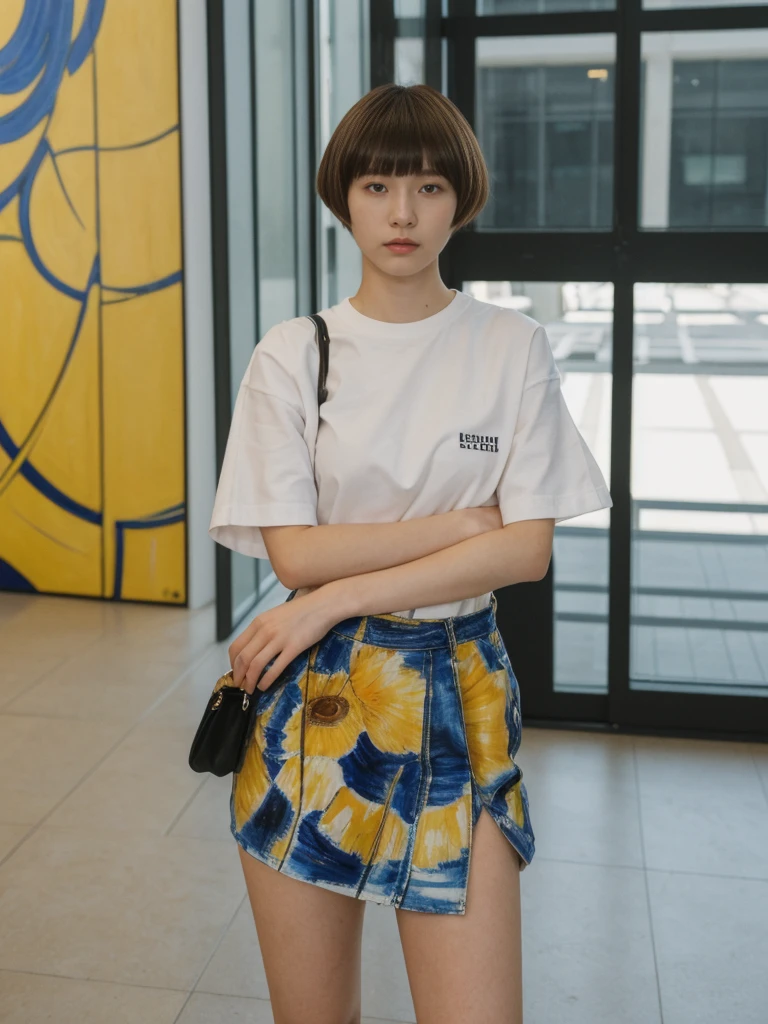 her name is Asako, high quality, 1girl, ((20-year-old fit Caucasian woman)), ((20 years old)), ((slim)), ((Edgy Bowl Cut hair)), pose: standing, wearing edgy Generation-Z modern wear bright colored, BACKGROUND:Inside the Van Gogh Museum, surrounded by the artist’s masterpieces