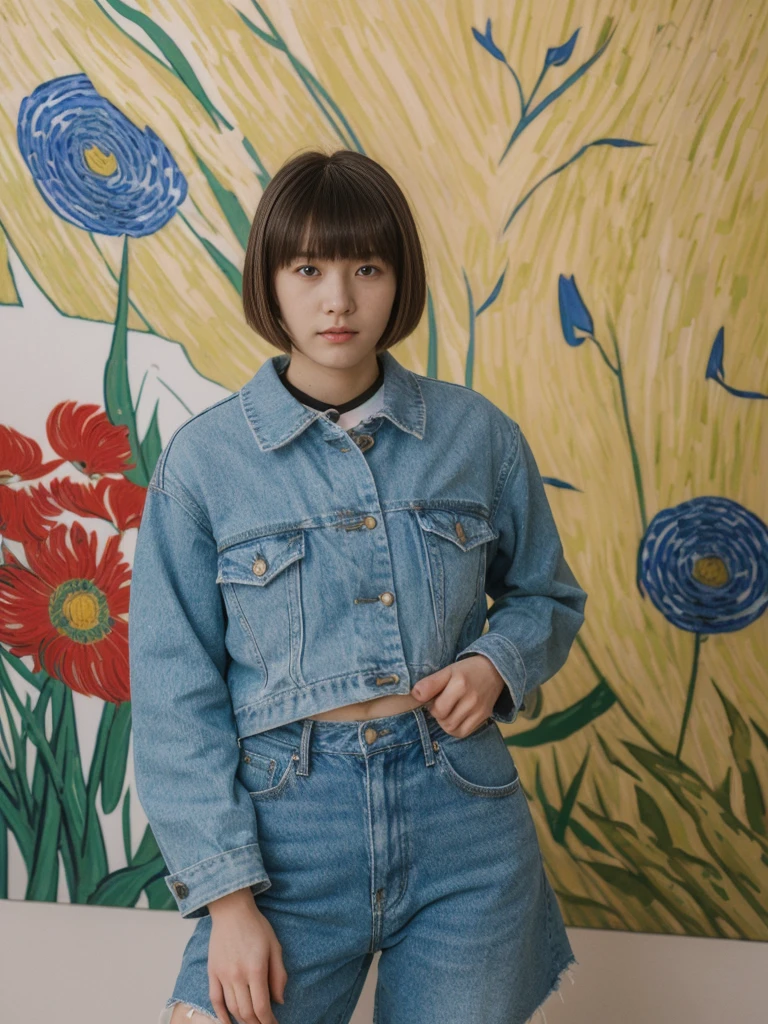 her name is Asako, high quality, 1girl, ((20-year-old fit Caucasian woman)), ((20 years old)), ((slim)), ((Edgy Bowl Cut hair)), pose: standing, wearing edgy Generation-Z modern wear bright colored, BACKGROUND:Inside the Van Gogh Museum, surrounded by the artist’s masterpieces