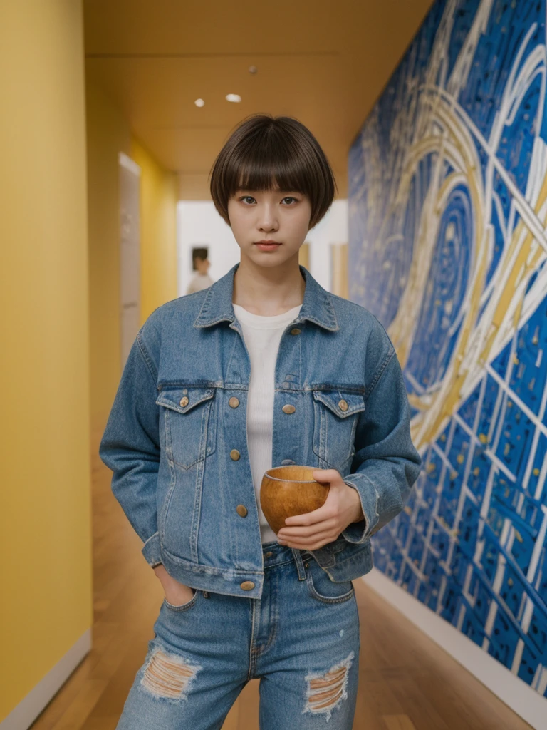 her name is Asako, high quality, 1girl, ((20-year-old fit Caucasian woman)), ((20 years old)), ((slim)), ((Edgy Bowl Cut hair)), pose: standing, wearing edgy Generation-Z modern wear bright colored, BACKGROUND:Inside the Van Gogh Museum, surrounded by the artist’s masterpieces