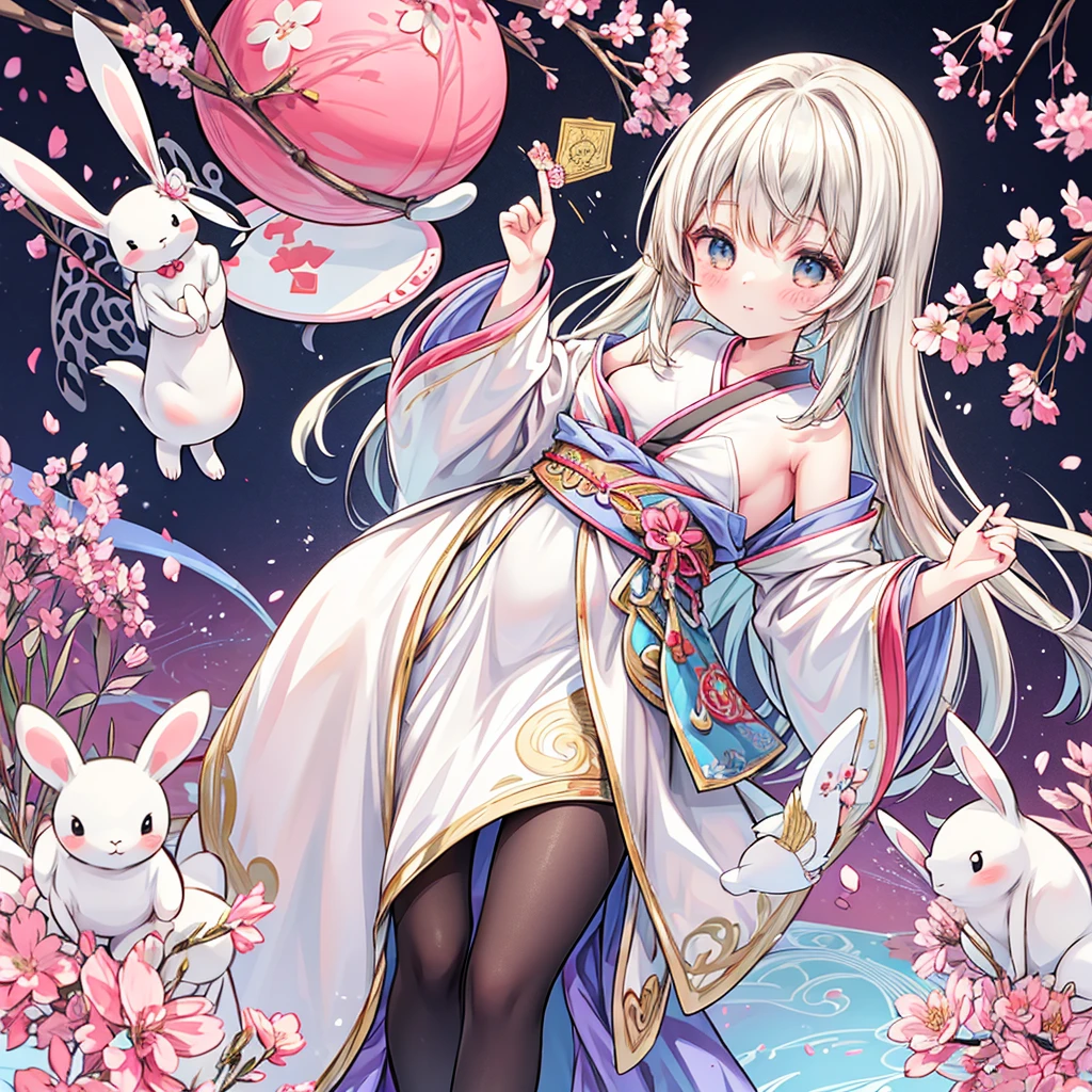 Alice from Wonderland in a cute anime style, with long flowing dark blonde hair, standing confidently in front of a fantastical, whimsical background reminiscent of Wonderland. She is wearing an enchanting kimono reminiscent of a Japanese oiran or geisha, with intricate patterns and vibrant colors, primarily in dark shades of cherry blossom pink, giving her an elegant yet demure appearance. Her outfit is elegant and traditional, emphasizing her feminine curves, particularly her chest and wide hips. Alice's pose should be reminiscent of a traditional oiran, exuding grace and allure, with a touch of modesty. Her companion is an adorable white rabbit dressed in a tuxedo, acting as a guide and jumping around playfully. The background should be richly detailed, with elements such as playing cards, chess pieces, round mirrors, and pocket watches to enhance the Wonderland atmosphere. The image should have an extremely high level of detail and delicate line work, surpassing previous limits to create the ultimate masterpiece, portraying Alice as a cool, stylish character with a unique blend of traditional Japanese beauty and fantasy elements.