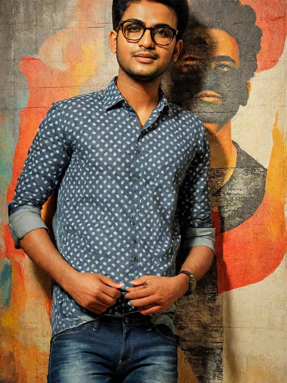 arafed man in glasses standing in front of a wall with a painting, mohamed chahin style, wearing in shirt, wearing a dark shirt and jeans, profile photo, with a cool pose, jayison devadas style, mohamed chahin, full body photogenic shot, casual photography, profile pic, full body picture, full body photograph, inspired by Saurabh Jethani
