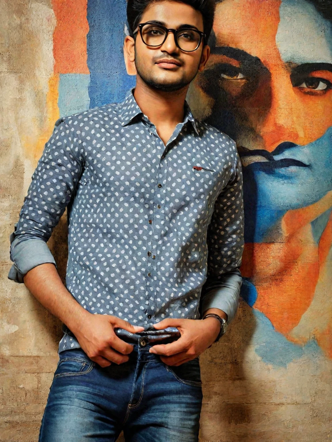 arafed man in glasses standing in front of a wall with a painting, mohamed chahin style, wearing in shirt, wearing a dark shirt and jeans, profile photo, with a cool pose, jayison devadas style, mohamed chahin, full body photogenic shot, casual photography, profile pic, full body picture, full body photograph, inspired by Saurabh Jethani