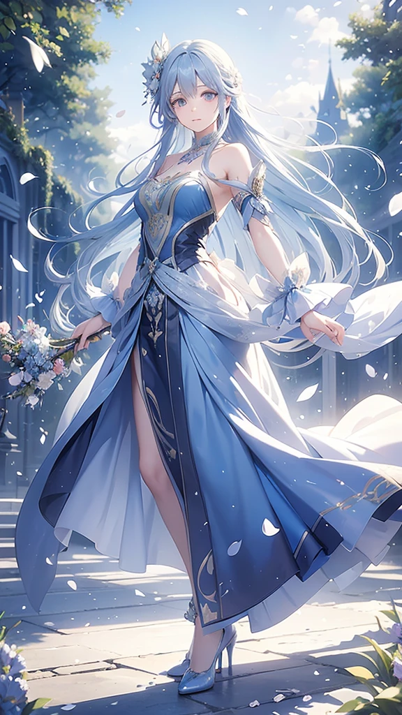 A girl with long blue hair, wearing a royal dress, blue eyes, holding a flower branch, surrounded by flower petals flying in the wind and a romantic garden, shimmering and magical colors. , panoramic view from afar