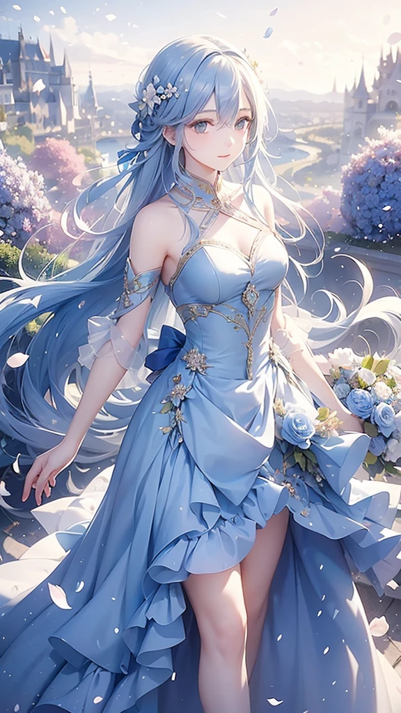 A girl with long blue hair, wearing a royal dress, blue eyes, holding a flower branch, surrounded by flower petals flying in the wind and a romantic garden, shimmering and magical colors. , panoramic view from afar