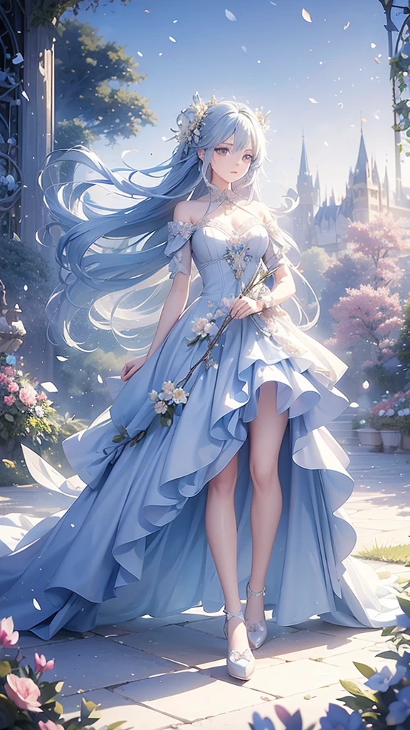 A girl with long blue hair, wearing a royal dress, blue eyes, holding a flower branch, surrounded by flower petals flying in the wind and a romantic garden, shimmering and magical colors. , panoramic view from afar