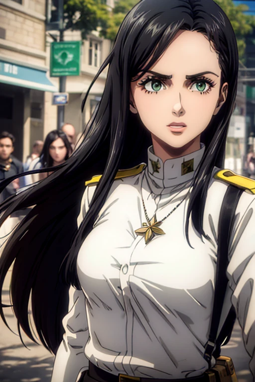 30 year old woman, long black hair, greeneyes, expressão séria, necklace on the neck, White military uniform, holding gun, liberia