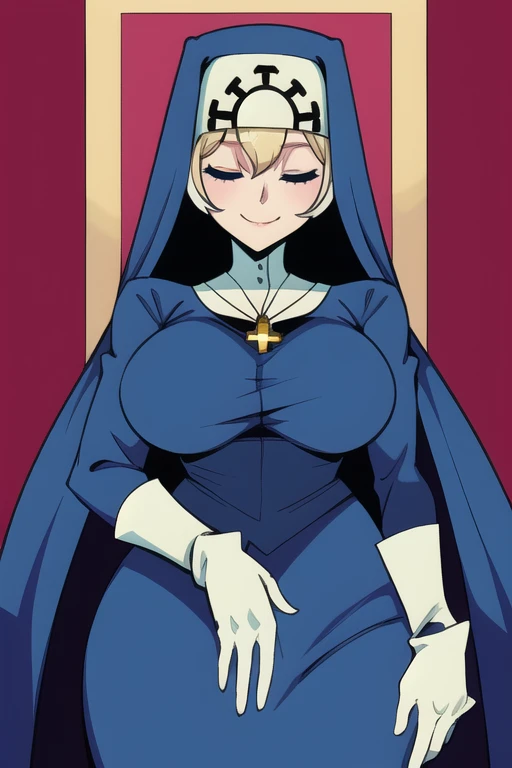 Double, short blonde hair, medium breasts, solo, smiling, cowboy shot, closed eyes, 
 blue habit, cross necklace ,white gloves, long sleeves, nun, long skirt
(insanely detailed, beautiful detailed face,beautiful detailed eyes, masterpiece, best quality) room, sexy pose