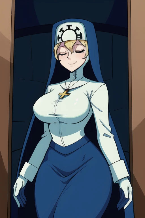 Double, short blonde hair, medium breasts, solo, smiling, cowboy shot, closed eyes,
blue habit, cross necklace ,white gloves, long sleeves, nun, long skirt
(insanely detailed, beautiful detailed face,beautiful detailed eyes, masterpiece, best quality) room, sexy pose