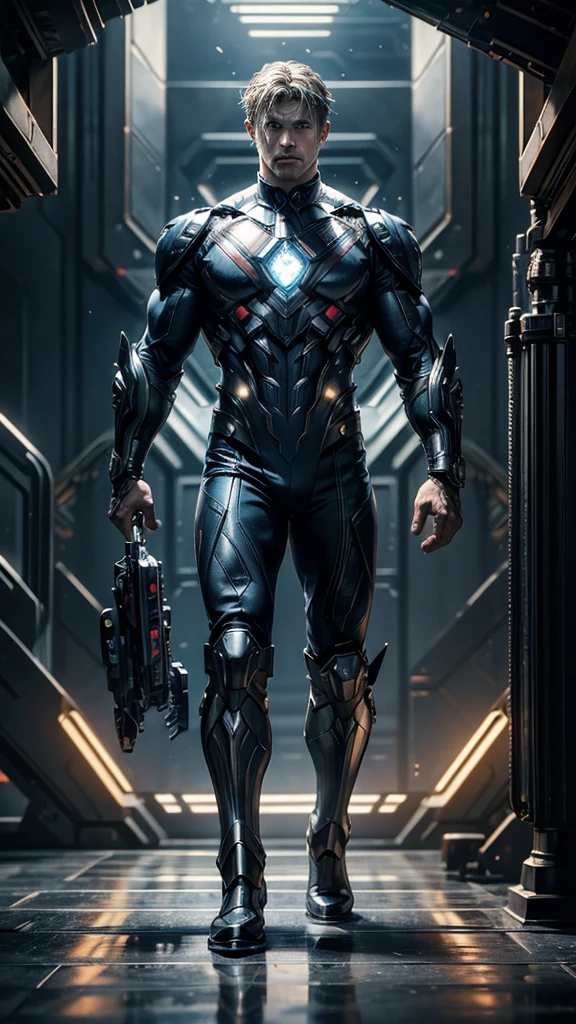 ((masterpiece)), ((best quality)), NVIDIA RTX, intricate details, cinematic lights, reflection lights details, Chris Hemsworth as futuristic Superman, full body