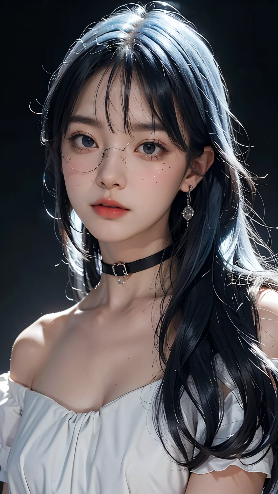 8k wallpaper, masterpiece, movie lighting, best quality, illustration, dramatic angle, ((color: 1.1)), ((color inner hair: 1.4)), 1girl, solo, long hair, water, blue eyes, black glasses, choker, parted lips, white choker, liquid hair, black hair, bangs, from side, side, upper body, simple background, gray background, bare shoulders, portrait, looking at the audience, white dress, hair between eyes, white background, earrings,