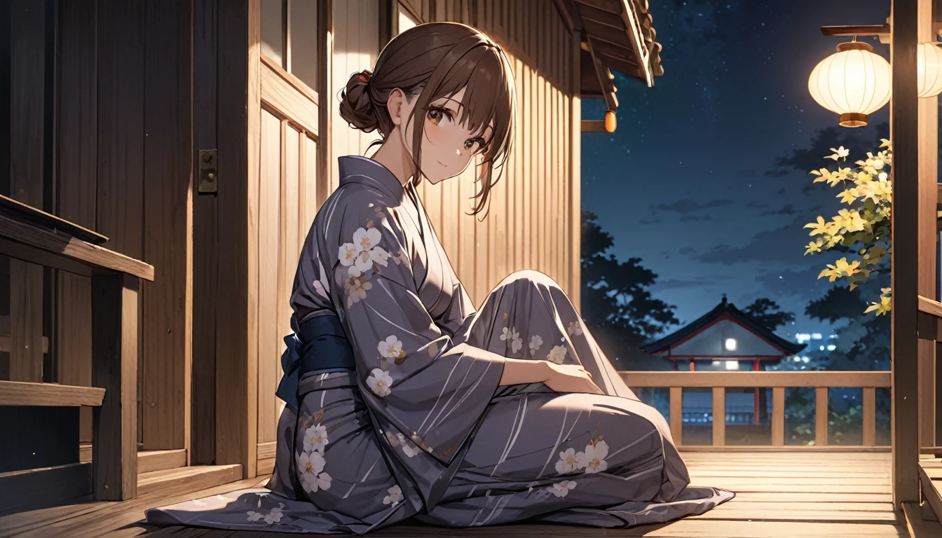 (Highest quality), girl sitting on the porch,Brown Hair,Hair tied up,yukata,night