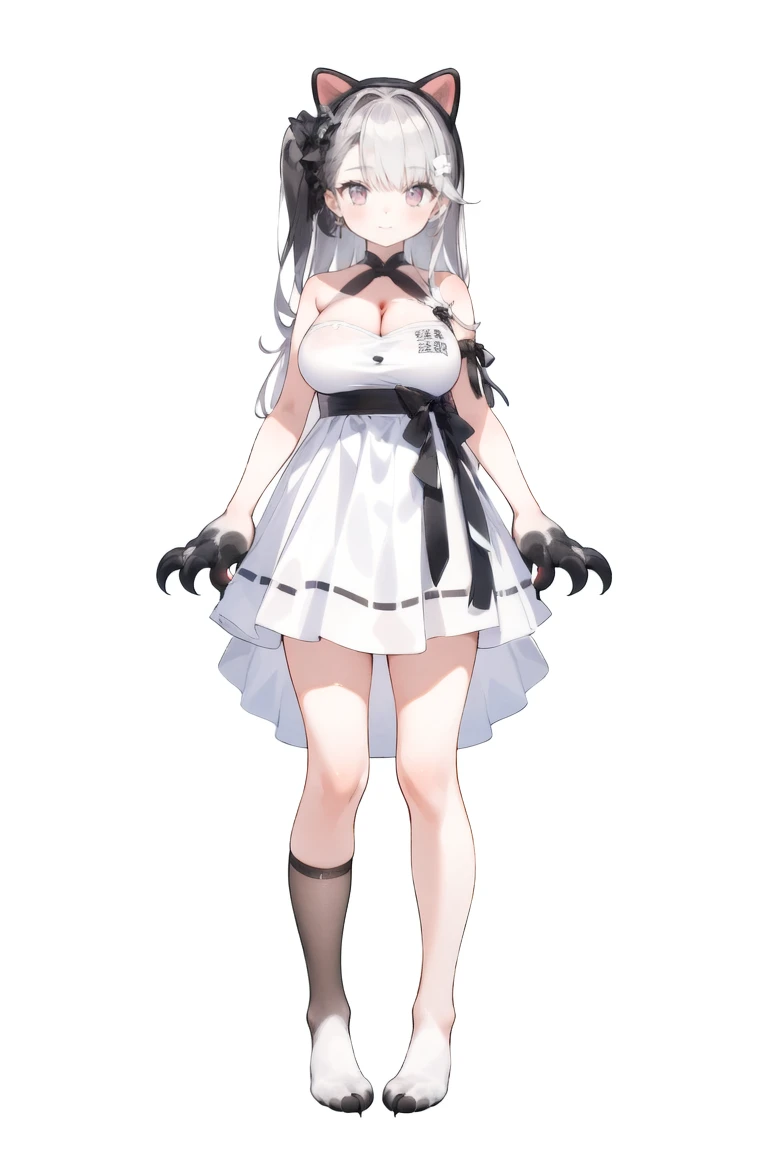 (masterpiece, Highest quality),One girl, alone,Large Breasts, White Dress, marker, Animal Hands, 猫のfeet,Black legwear, No shoes, (Vtuber Standing Pictures)、(Standing picture on the front)、Shoulder Bare、feet、White Background, whole body