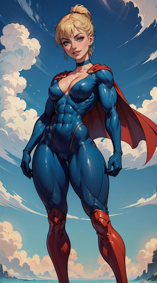 (Muscular:1.9), (thick thighs:1.9),
blonde female, (supergirl), (big smile:1.5), (blunt bangs), (ponytail:0.7),
earrings, lipstick, eyeshadow,
hard nipples, (small breasts:2),
(full body suit, blue bodysuit, cleavage:1.6), (small cape:1.3), (choker),
looking at viewer, three quarter view, (upper body view:2),
(floating, in midair, sky and clouds background:1.3), rim lighting, two tone lighting, dim lighting, bokeh, detailed skin, detailed eyes
