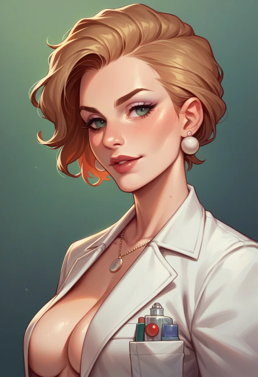Create a image of a 22 year old girl who is a doctor. She is very beautiful talented and gorgeous. She gas a dimple.