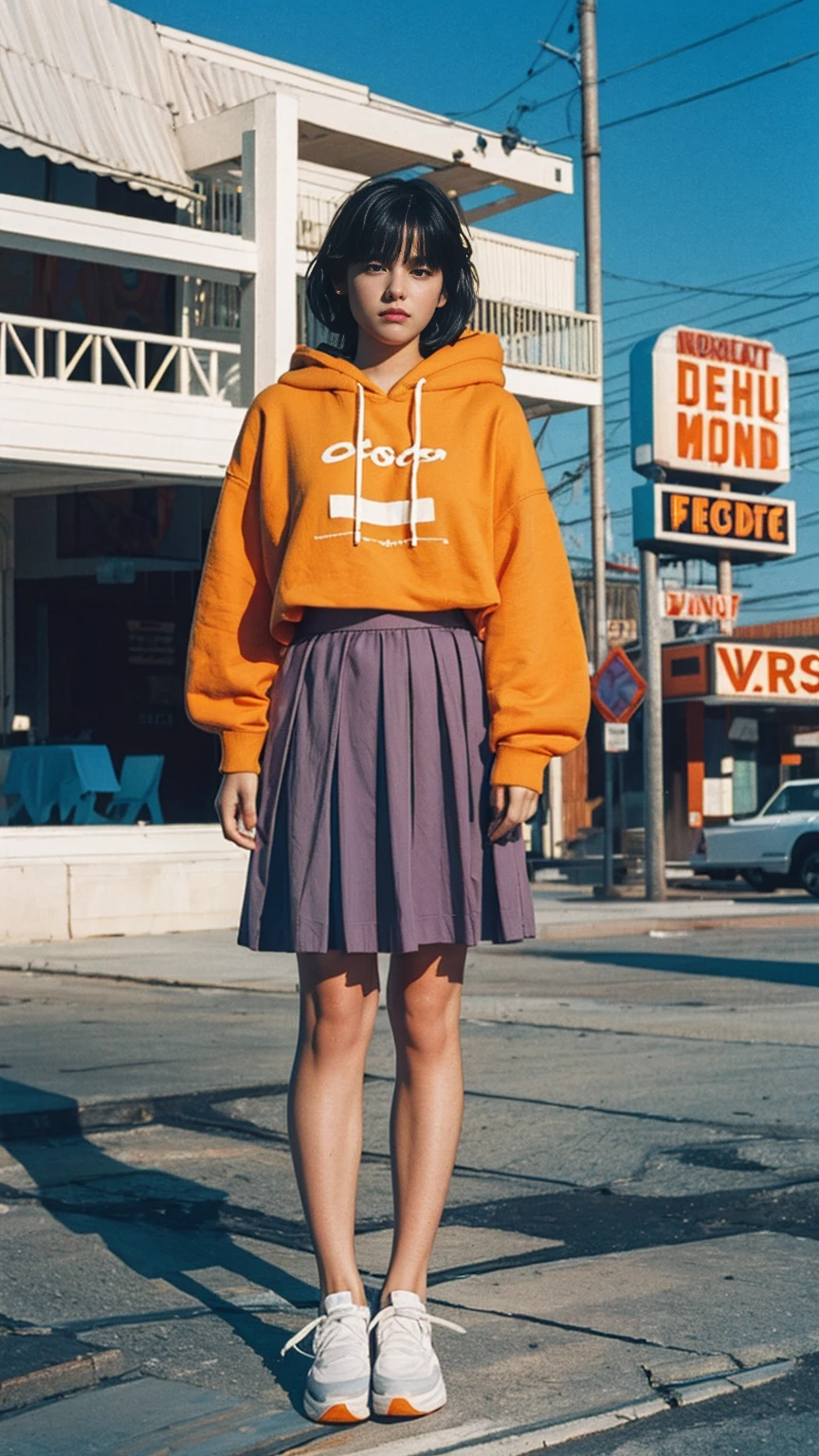 long shot portrait of cute 23 yo girl, (natural big breast) ,wear ((orange color oversized hoodie)), wear ((purple tennis skirt)),looking front,Best Quality,Masterpiece,Ultra High Resolution,(Realisticity:1.4),Original Photo, 1Girl, light leak,ultra high resolution,UHD,beautiful, (black bob hair), almond eye, no makeup, in front of (80's mondrian architecture motel), (realistic:1.2), (surreal:1.3), (very detailed:1.1), ((masterpiece)),summer, blue sky, palm trees,sunny, los angles vibes,film camera, 800mm lens,style of Philip Lorca diCorcia