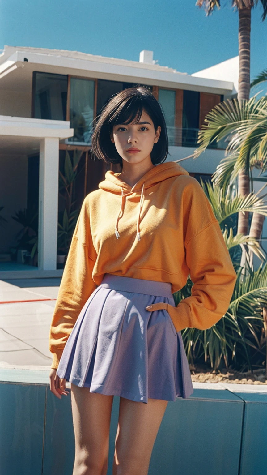 long shot portrait of cute 23 yo girl, (natural big breast) ,wear ((orange color oversized hoodie)), wear ((purple tennis skirt)),looking front,Best Quality,Masterpiece,Ultra High Resolution,(Realisticity:1.4),Original Photo, 1Girl, light leak,ultra high resolution,UHD,beautiful, (black bob hair), almond eye, no makeup, in front of (80's mondrian architecture motel), (realistic:1.2), (surreal:1.3), (very detailed:1.1), ((masterpiece)),summer, blue sky, palm trees,sunny, los angles vibes,film camera, 800mm lens,style of Philip Lorca diCorcia