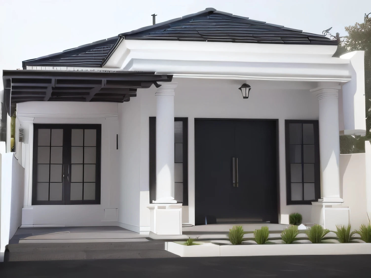 a rendering of a small white house with a black door, render amazing, front perspective, overall architectural design, all white render, high quality rendering, one house, exterior design, elegant render, black and white scheme, complete house, clean render, professional render, realistic render, beautiful rendering, excellent 3d render, very realistic 3 d render, simple elegant design