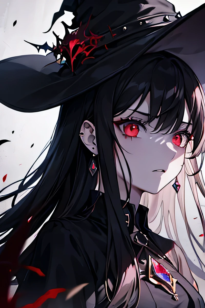 a dark-haired witch with red eyes, long flowing hair, a pointed witch's hat, sharp facial features, upper body focus, detailed portrait, hyperrealistic, 8k, masterpiece, dark fantasy, chiaroscuro lighting, dramatic lighting, cinematic, moody, dramatic, gothic, dramatic shadows, dramatic highlights, highly detailed, intricate details, seamlessly blended, flawless skin, piercing gaze, intense expression, mesmerizing, bewitching, a beautiful jewelry-adorned girl