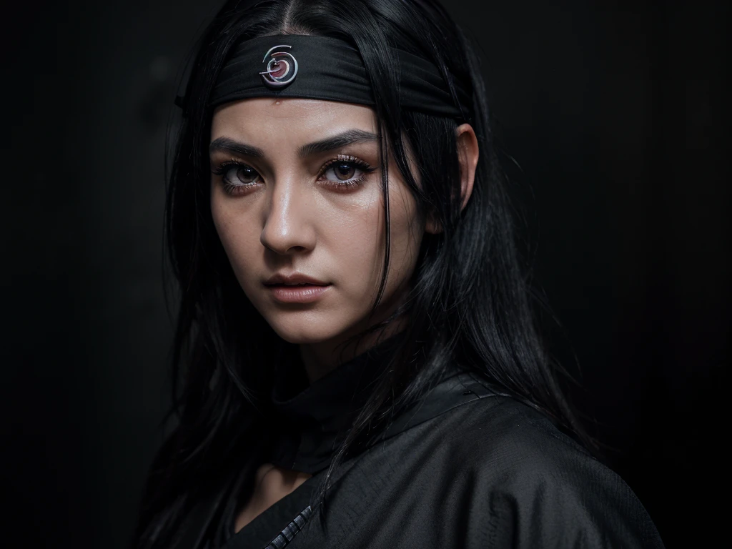 a detailed portrait of uchiha itachi, beautiful detailed eyes, beautiful detailed lips, extremely detailed eyes and face, long eyelashes, raven black hair, ninja outfit, headband, serious expression, intense gaze, dark background, dramatic lighting, cinematic composition, digital art, concept art style, highly detailed, 8k, photorealistic, masterpiece