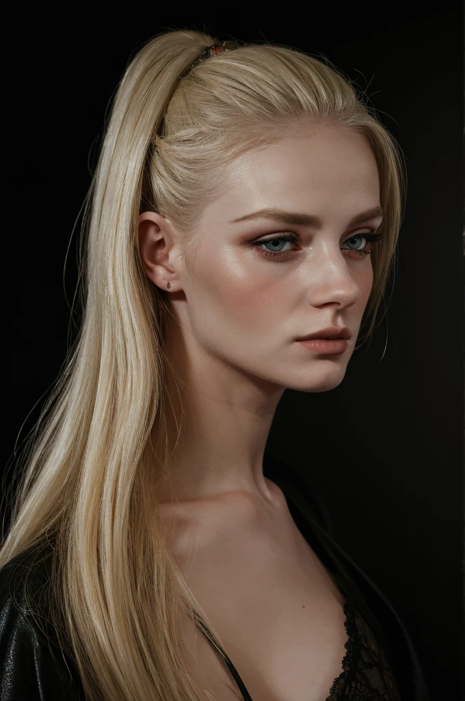 painting of hot woman pretty blonde ,slickback-hair, hairstyle,slick hair,big breast, mary jane ansell, monia merlo, serge marshennikov,. nightime, inspired by Albert Anker, amy judd, inspired by Odd Nerdrum, inspired by Antoni Pitxot,black background, simple background , blur