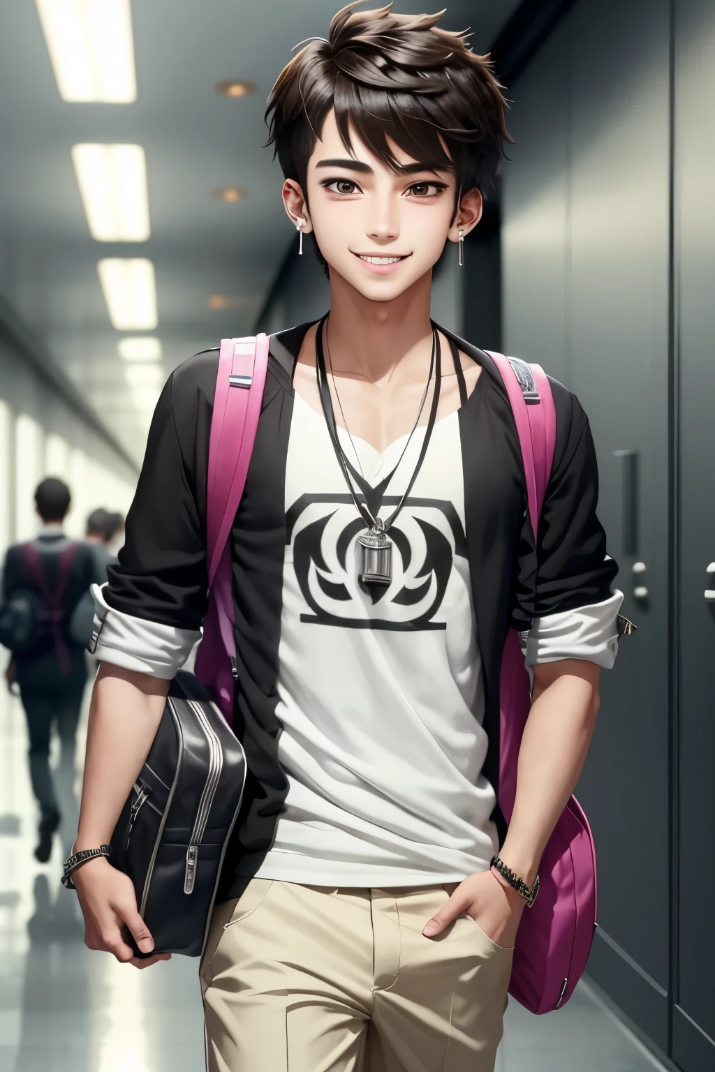 In the bustling school hallway, a naughty boy with a mischievous grin stands out amongst his peers. He sports an unconventional style with one pierced ear, adorning it with a gleaming, silver earring that catches the light as he walks. His bag slung over his shoulder, filled with who knows what, adds to his rebellious charm. His eyes sparkle with an unspoken challenge, daring anyone to question his unique flair – this is a boy who marches to the beat of his own drum, in true anime style.