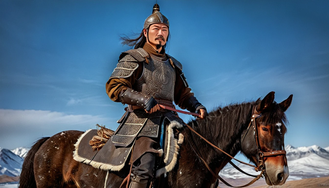 General Kraus, Wearing leather armor、Brown leather protective gear，Holding a Mongolian scimitar, Highly detailed characters, Mongolian man with high cheekbones，Clear and refined face，Mongolian Cavalry，The generals of the Ming Dynasty had white tassels or feathers on their helmets，Norse epic hero, Muscular man with war god tattoo, Riding on horseback, Portrait photography style，Light, (Extremely detailed CG 8k wallpaper), The most beautiful works of art in the world - full body photos, original皮甲, Mongolian small shield，Human Portrait, hunter, Animal hides，brutal，original, macho man, Ed Blinkey (Ed Blinkey) Magnificent professional oil paintings created, Artie Guerlain, Studio Ghibli, Courtesy of Jeremy Mann, Greg Manches, Antonio Moro, Art Station Trends, Social Trends, Wheels within wheels, High Detail, sharp focus, Dramatic and realistic art by Midjourney and Greg Rutkowski, Horse has armor，Charge and Slash