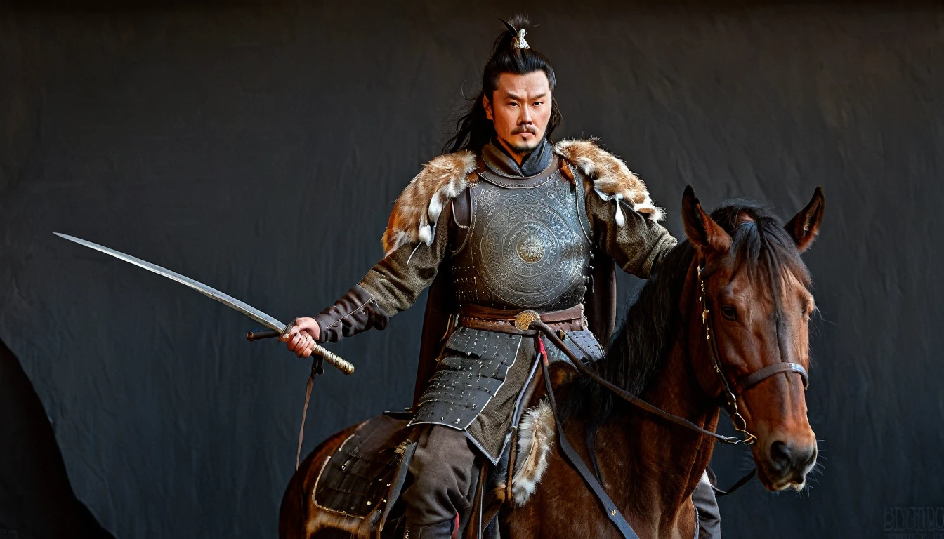 General Kraus, Wearing leather armor、Brown leather protective gear,Holding a Mongolian scimitar, Highly detailed characters, Mongolian man with high cheekbones,Clear and refined face,Mongolian Cavalry,The generals of the Ming Dynasty had white tassels or feathers on their helmets,Norse epic hero, Muscular man with war god tattoo, Riding on horseback, Portrait photography style,Light, (Extremely detailed CG 8k wallpaper), The most beautiful works of art in the world - full body photos, original皮甲, Mongolian small shield,Human Portrait, hunter, Animal hides,brutal,original, macho man, Ed Blinkey (Ed Blinkey) Magnificent professional oil paintings created, Artie Guerlain, Studio Ghibli, Courtesy of Jeremy Mann, Greg Manches, Antonio Moro, Art Station Trends, Social Trends, Wheels within wheels, High Detail, sharp focus, Dramatic and realistic art by Midjourney and Greg Rutkowski, Horse has armor,Charge and Slash