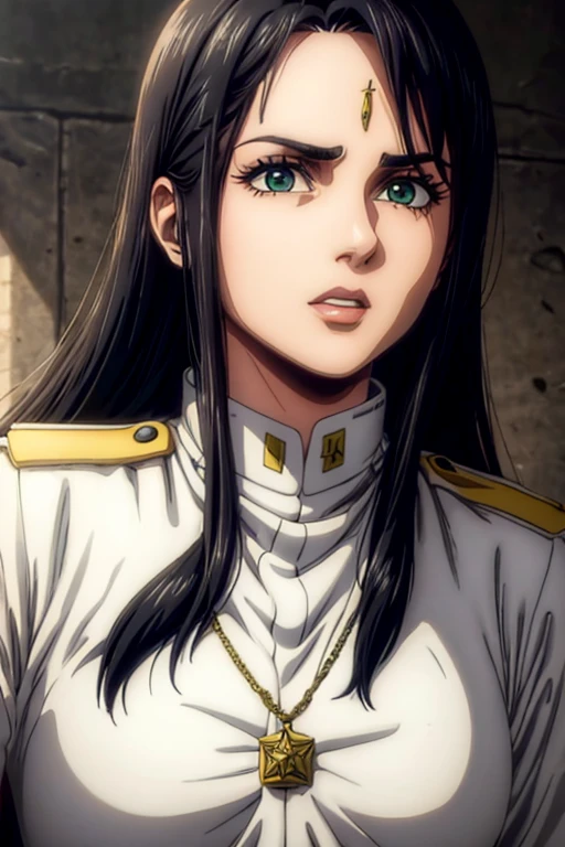 30 year old woman, long black hair, greeneyes, expressão séria, necklace on the neck, White military uniform, holding gun, liberia