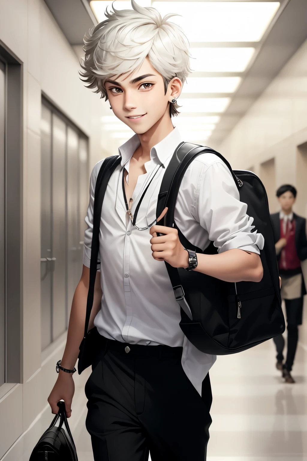 In the bustling school hallway, a naughty boy with a mischievous grin stands out amongst his peers. He sports an unconventional style with one pierced ear, adorning it with a gleaming, silver earring that catches the light as he walks. His bag slung over his shoulder, filled with who knows what, adds to his rebellious charm. His eyes sparkle with an unspoken challenge, daring anyone to question his unique flair – this is a boy who marches to the beat of his own drum, in true anime style.