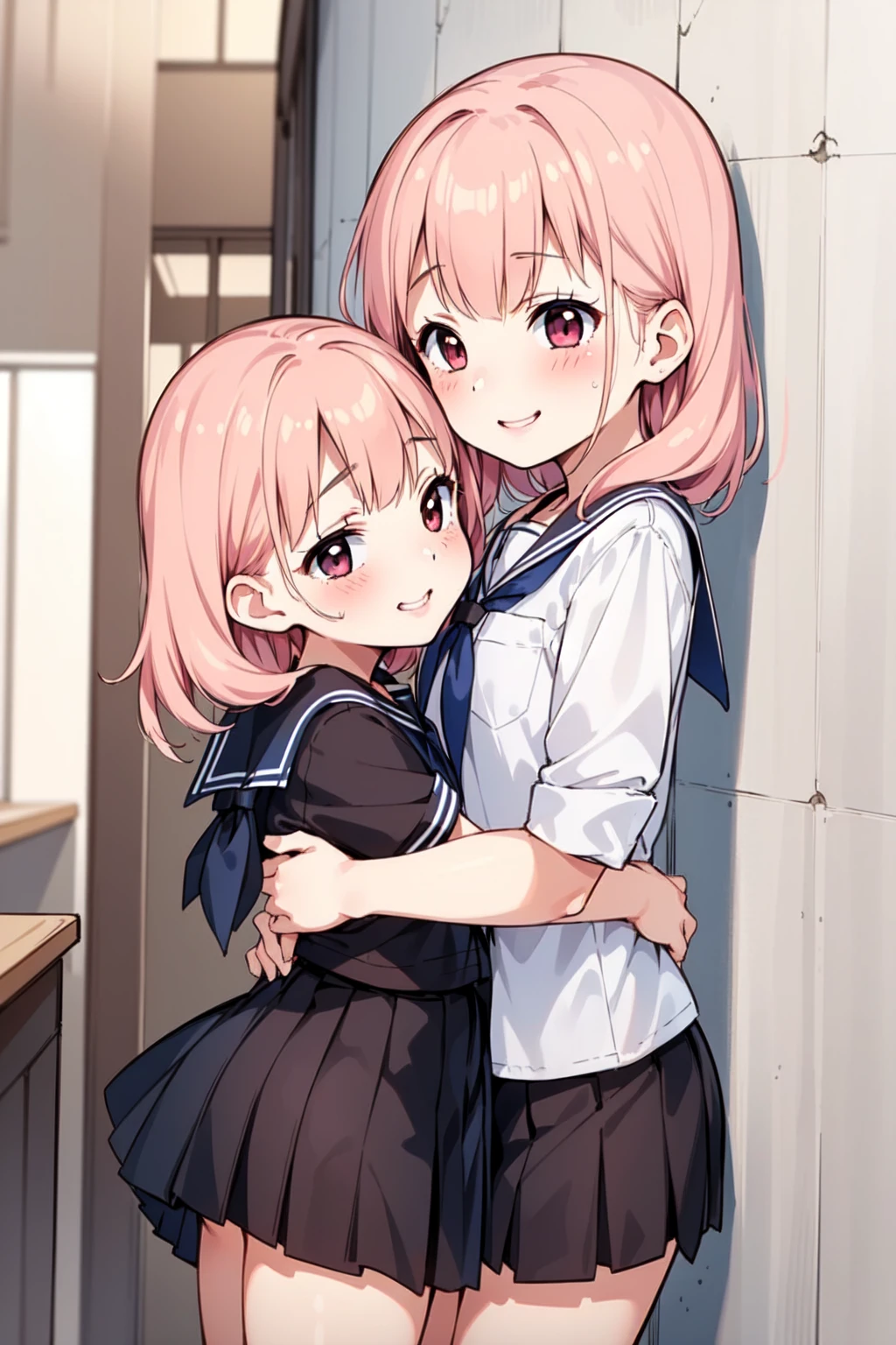 masterpiece,ultra detail,best quality,2girls,against wall serafuku,navy plits skirt,smile,blush,side view,girl pinned against wall,hug,kissing,NSFW