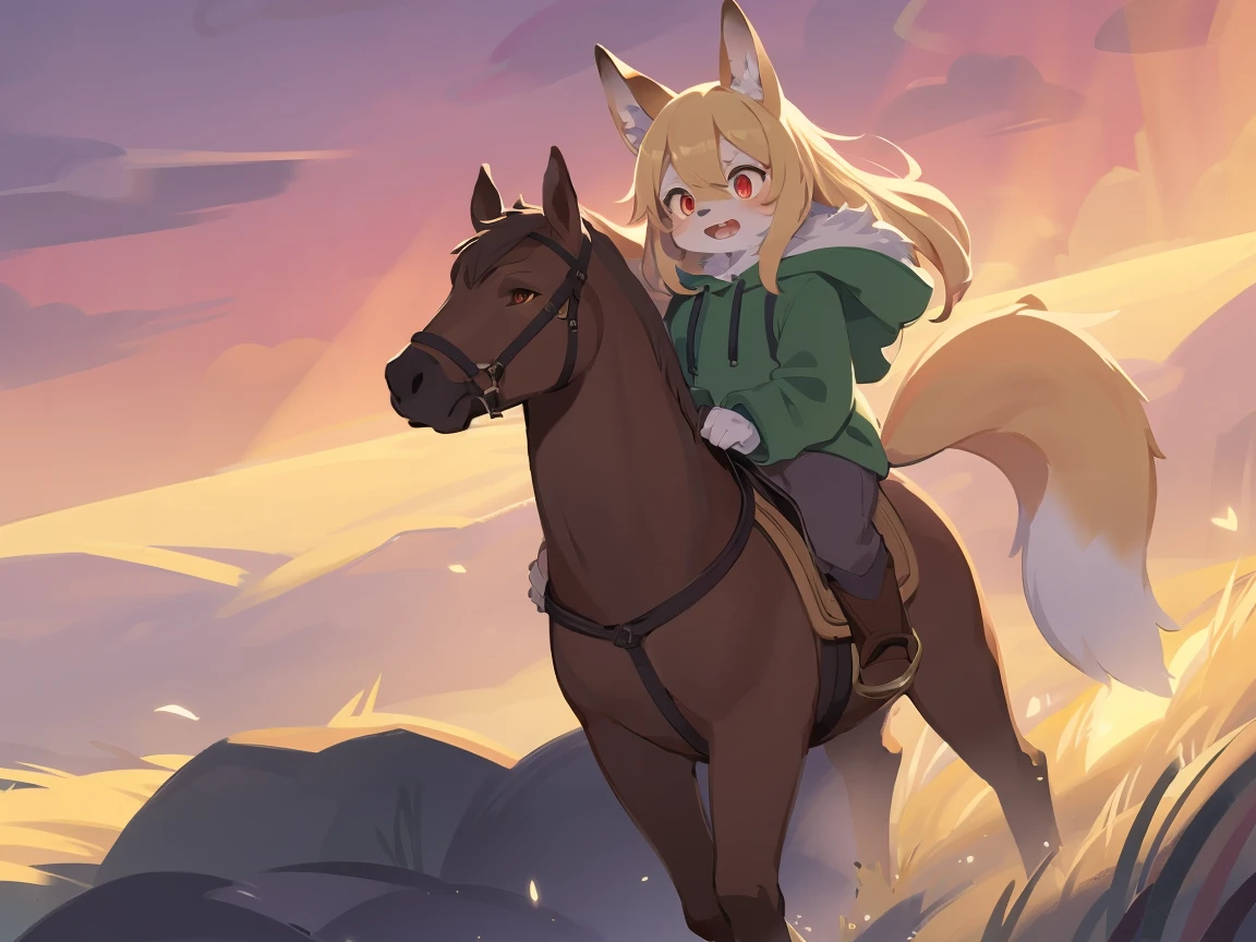  the fox, , was hairy, shaggy, skin fur, smooth lashes, golden fur, forelimb hands, straight long blonde hair, solid circle eyes, golden ears, golden fur, golden facial fur, shiny hair, red eyes,  heart-shaped eyes, super cute face, 1fox tail, fluffy tail, furry tail, glowing eyes, green coat green hood down, brown trousers, riding unsaddled horse, open mouth, embarrassed, ambient light, ultra-fine fur, dashed eyes, full body, masterpiece, high quality, high-details, best quality, from front, (((solo))), twilight, sun light, red sky, rim light