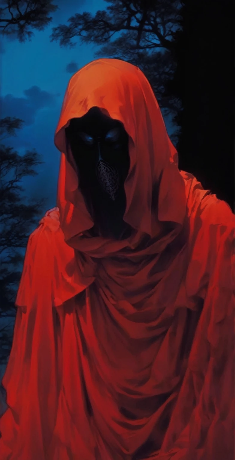 a golden masked figure, dramatic red clouds, moody atmospheric lighting, intricate ornamental details, highly detailed, 8k, photorealistic, dark fantasy, cinematic, chiaroscuro lighting, dramatic shadows, golden accents, ominous atmosphere, striking contrast, muted color palette