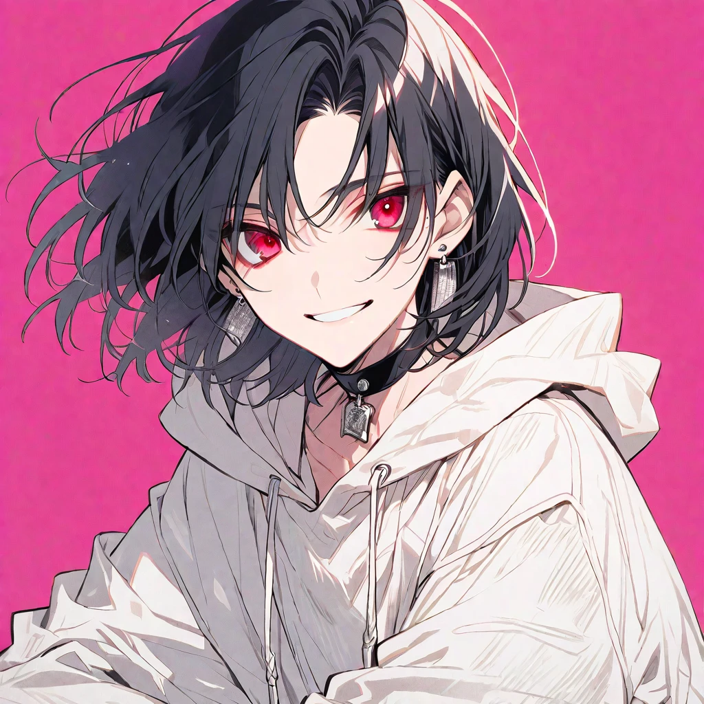 solo, handsome, monotone,
1. male,
Hime cut,Straight Hair,Bob Hair, Manban,
black hair,
Nakano Yotsuba,
red Eyes,Soft look,beautiful,beautiful,Sexy,Darkness,Lots of silver earrings,choker,
White Distressed jeans, hoodie ,smile,skin,Summer,
simple background ,
pink background,