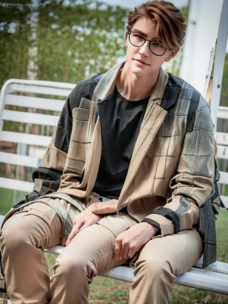 1 age white boy, detailed eyes, curly brown hair, pale smooth skin, sitting outdoors, black skinny jeans, plaid shirt outerwear, t-shirt, looks like model, (best quality,4k,8k,highres,masterpiece:1.2),ultra-detailed,(realistic,photorealistic,photo-realistic:1.37),hyperrealistic, cinematic lighting, professional photography, natural setting, warm color tones, pale skin ultra realistic soft smooth skin, soft smile, wearing glasses, skater boy vibe, sitting at skatepark, handsome man, very handsome face, white boy with handsome face, shoulder length hair, perfect hands, perfect anatomy, realistic full body, realistic, white pale skin