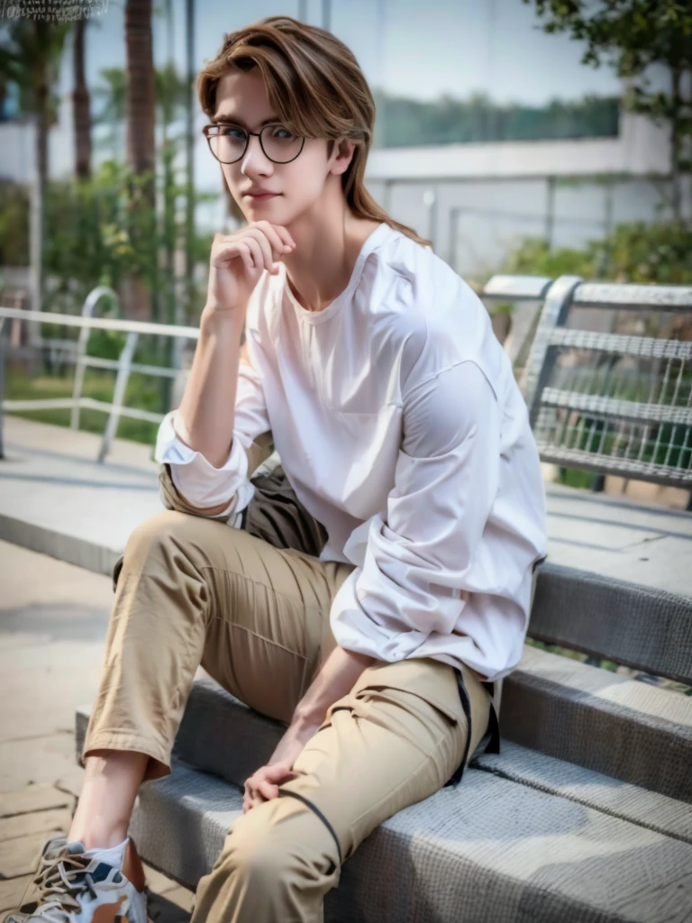 1 age white boy, detailed eyes, curly brown hair, pale smooth skin, sitting outdoors, black skinny jeans, plaid shirt outerwear, t-shirt, looks like model, (best quality,4k,8k,highres,masterpiece:1.2),ultra-detailed,(realistic,photorealistic,photo-realistic:1.37),hyperrealistic, cinematic lighting, professional photography, natural setting, warm color tones, pale skin ultra realistic soft smooth skin, soft smile, wearing glasses, skater boy vibe, sitting at skatepark, handsome man, very handsome face, white boy with handsome face, shoulder length hair, perfect hands, perfect anatomy, realistic full body, realistic, white pale skin
