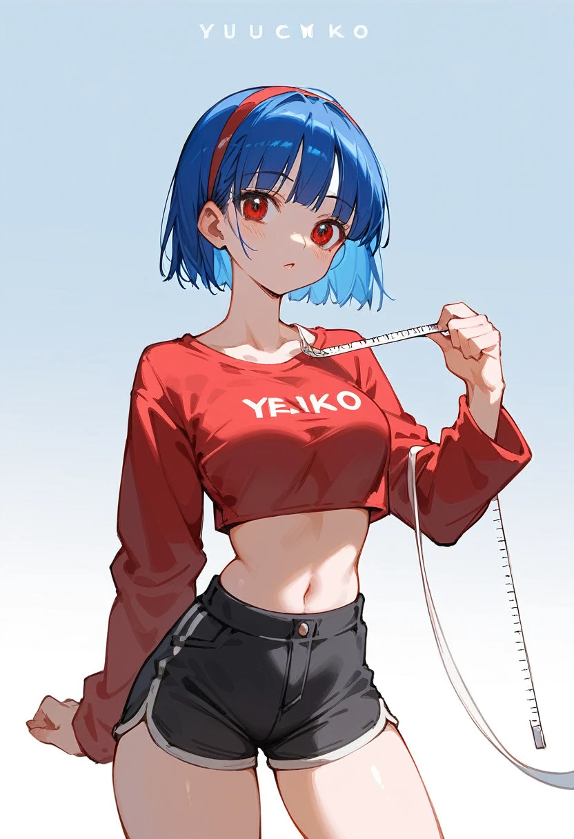 My name is Yukiko.I am a white test woman with long Sky blue hair,red eye color.I am 1.62 cm tall . My breasts measure 300 cm, my waist 40 cm and my hips 200 cm. Dressed in a tight, low-cut pink blouse along with short black shorts . With breasts 300 cm