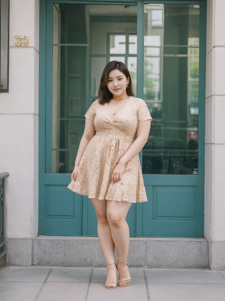 Sandara Park, her name is Akira, high quality, 1girl, ((25-year-old chubby asian woman)), ((25 years old)), (((curvy body))), ((short hair)), pose: standing, wearing stylish fashionable sundress Generation-Z modern wear different colored, adorable, cute BACKGROUND: city