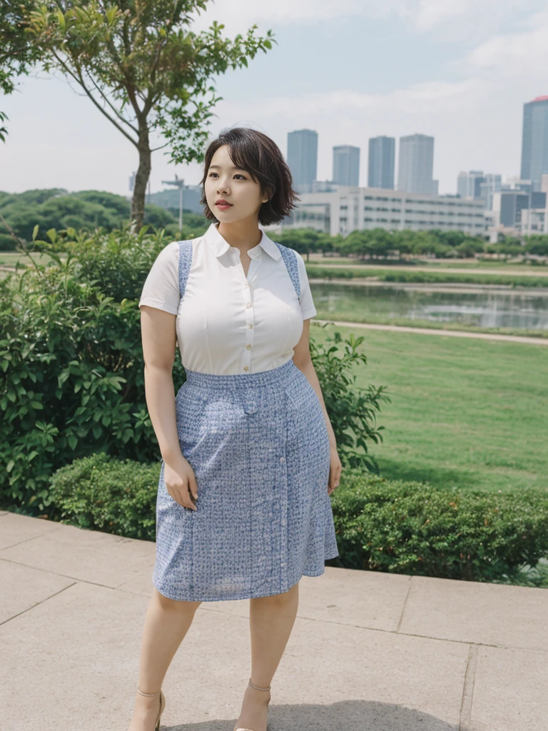 Sandara Park, her name is Akira, high quality, 1girl, ((25-year-old chubby asian woman)), ((25 years old)), (((curvy body))), ((short hair)), pose: standing, wearing stylish fashionable sundress Generation-Z modern wear different colored, adorable, cute BACKGROUND: city