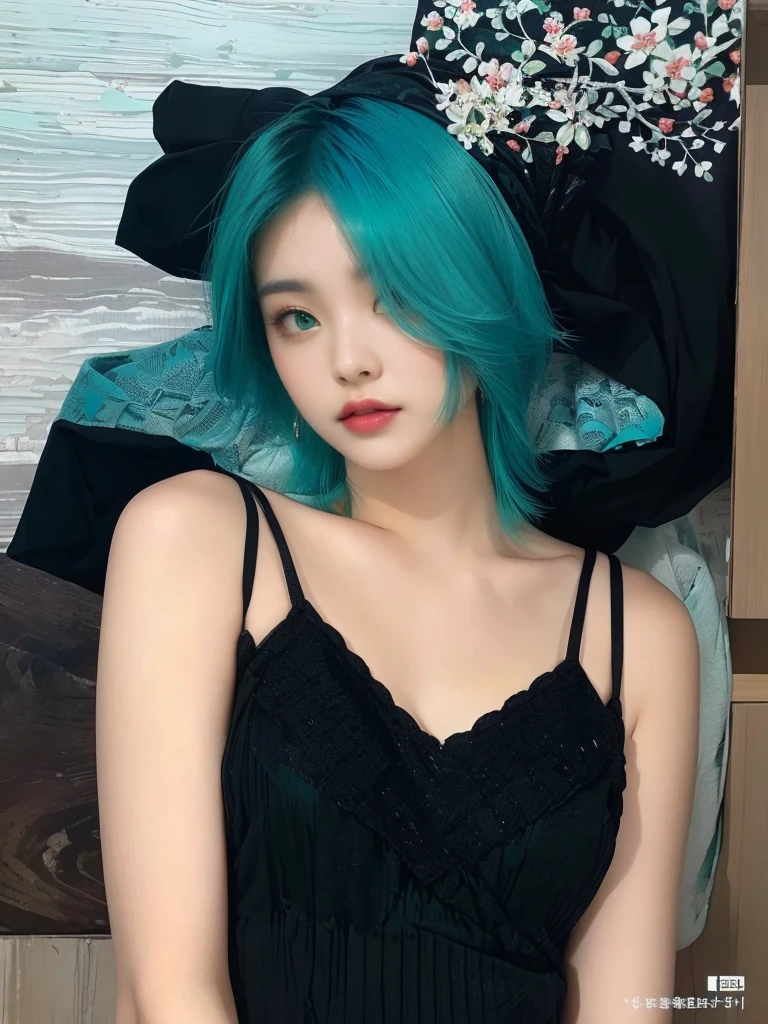 8K high quality，1 woman，Turquoise green hair：1.5